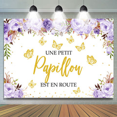 Violet Floral et Doré Papillon Bébé Douche Toile de fond
