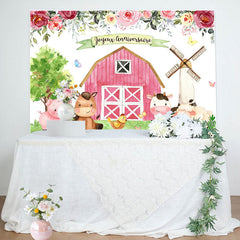 Floral Ferme Avec Mignon Animaux Heureux Anniversaire Toile de fond