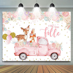Floral Et Rose Camion Avec Cerf Bébé Douche Toile de fond