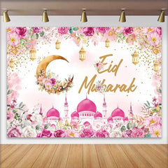 Lofaris Fond de Vacances Aïd Moubarak Or Rose, Croissant de Lune Floral et Mosquée pour Célébration Festive