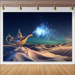 Lofaris Fond de Vacances Lampe Magique de Génie Dorée dans le Désert, Décor de Fête Thème Nuits Arabes