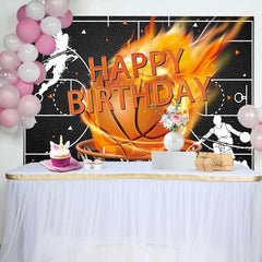 Lofaris Fond d'Anniversaire Basket-ball Enflammé Noir et Orange, Décor Dynamique de Fête Sportive