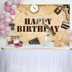 Lofaris Fond d'Anniversaire Rétro Vintage, Carte du Monde Ancienne avec Loupe et Éléments de Temps Antiques