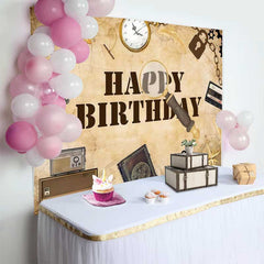 Lofaris Fond d'Anniversaire Rétro Vintage, Carte du Monde Ancienne avec Loupe et Éléments de Temps Antiques