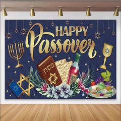 Lofaris Toile de fond joyeux Pessa'h avec menorah et vin, decoration traditionnelle pour celebration familiale