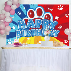 Lofaris Toile de fond d'anniversaire empreintes de pattes et os, style bande dessinée rouge, bleu et jaune, pour enfants