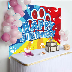 Lofaris Toile de fond d'anniversaire empreintes de pattes et os, style bande dessinée rouge, bleu et jaune, pour enfants
