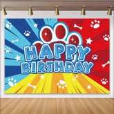 Lofaris Toile de fond d'anniversaire empreintes de pattes et os, style bande dessinée rouge, bleu et jaune, pour enfants