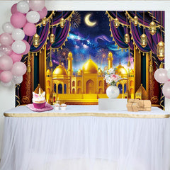 Lofaris Toile de fond mosquée dorée avec lanternes, décor festif pour célébration culturelle et nuit étoilée