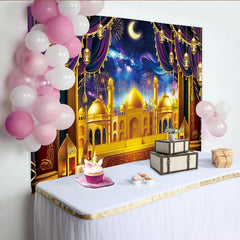 Lofaris Toile de fond mosquée dorée avec lanternes, décor festif pour célébration culturelle et nuit étoilée
