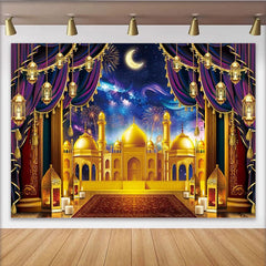 Lofaris Toile de fond mosquée dorée avec lanternes, décor festif pour célébration culturelle et nuit étoilée