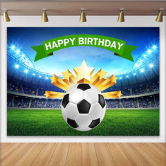 Lofaris Toile de fond d'anniversaire football, stade lumineux et étoiles dorées, pour célébration sportive des garçons