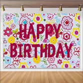 Lofaris Toile de fond joyeux anniversaire colorée avec motifs floraux et papillons, décoration de fête pour enfants