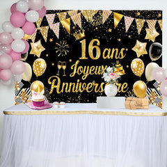 16 Ans Bannière Joyeux Anniversaire Noir Or Toile De Fond