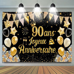 90 Ans Bannière Joyeux Anniversaire Noir Or Toile De Fond