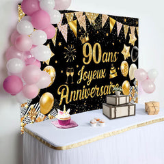 90 Ans Bannière Joyeux Anniversaire Noir Or Toile De Fond