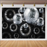 Lofaris Toile de fond de photographie disco avec boules étincelantes et haut-parleurs, arrière-plan de fête rétro pour studio photo