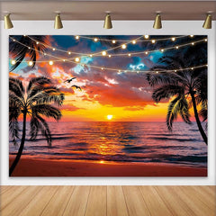 Lofaris Toile de fond de photographie coucher de soleil plage avec palmiers, arrière-plan tropical estival avec lumières pour studio photo
