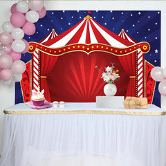 Lofaris Toile de fond de photographie cirque avec chapiteau rayé rouge et blanc et étoiles, magnifique décor de fête pour événement