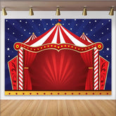 Lofaris Toile de fond de photographie cirque avec chapiteau rayé rouge et blanc et étoiles, magnifique décor de fête pour événement