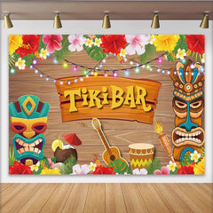 Lofaris Toile de fond pour fête tiki avec masques et fleurs, lumières colorées, décor en bois pour soirée hawaïenne et ambiance tropicale