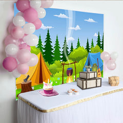 Lofaris Toile de fond de photographie pour camping avec tentes et feu de camp, magnifique arrière-plan de nature pour studio photo et aventure