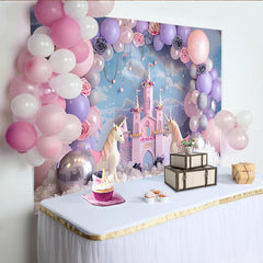 Lofaris Toile de fond de photographie château de princesse et licorne avec ballons roses et lavande, magnifique décor féerique