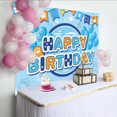 Lofaris Toile de fond pour anniversaire animaux avec empreintes de pattes et ballons bleus, décor de fête joyeux anniversaire pour enfants