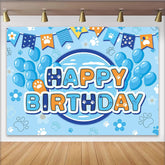 Lofaris Toile de fond pour anniversaire animaux avec empreintes de pattes et ballons bleus, décor de fête joyeux anniversaire pour enfants