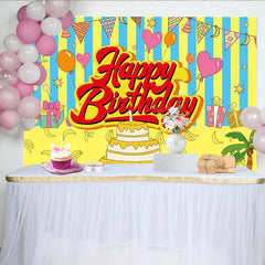 Lofaris Toile de fond joyeux anniversaire dessin animé rayures jaunes et bleues, avec ballons gâteau et bananes, décor de fête