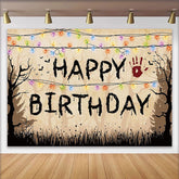 Lofaris Toile de fond joyeux anniversaire effrayant avec lumières colorées et arbres sombres, décor de fête d'horreur pour studio photo