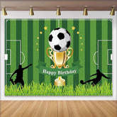 Lofaris Toile de fond anniversaire football avec trophée et étoiles dorées, décor de fête sportif pour garçons et séance photo