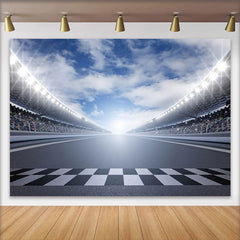 Lofaris Toile de fond de photographie de course avec piste et drapeau à damier, magnifique arrière-plan de stade lumineux pour studio photo