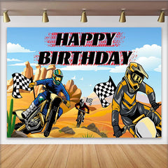 Lofaris Toile de fond pour anniversaire motocross désert avec drapeaux à damier, arrière-plan de course pour garçon, studio photo et fête
