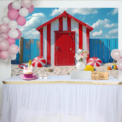 Lofaris Toile de fond de photographie plage cabine rayée rouge et blanc, arrière-plan estival lumineux pour studio photo