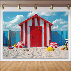 Lofaris Toile de fond de photographie plage cabine rayée rouge et blanc, arrière-plan estival lumineux pour studio photo