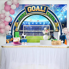 Lofaris Toile de fond pour anniversaire football avec trophées et ballons, décor de stade pour fête sportive et séance photo