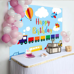 Lofaris Toile de fond joyeux anniversaire dessin animé avec train avions et voitures, magnifique arrière-plan pour fête d'enfants