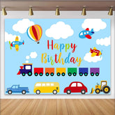Lofaris Toile de fond joyeux anniversaire dessin animé avec train avions et voitures, magnifique arrière-plan pour fête d'enfants
