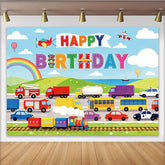 Lofaris Toile de fond joyeux anniversaire véhicules de transport et arc-en-ciel pour enfants, décor de fête coloré pour studio photo