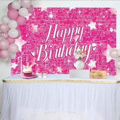 Lofaris Toile de fond rose joyeux anniversaire avec paillettes et étoiles, magnifique décor de fête pour studio photo