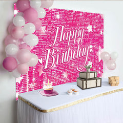 Lofaris Toile de fond rose joyeux anniversaire avec paillettes et étoiles, magnifique décor de fête pour studio photo