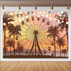 Lofaris Toile de fond de fête foraine avec grande roue et palmiers au coucher du soleil, décor festif pour soirée d'été et studio photo