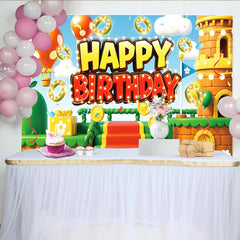 Lofaris Toile de fond joyeux anniversaire thème jeu vidéo avec château et ballons, arrière-plan coloré pour fête d'enfants ou studio photo