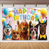 Lofaris Toile de fond joyeux anniversaire pour animaux avec chiens festifs, arrière-plan coloré pour fête d'enfants