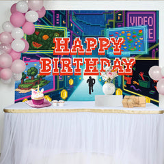 Lofaris Toile de fond joyeux anniversaire thème jeu vidéo pixelisé avec pièces d'or et personnage, décor de fête numérique pour studio photo