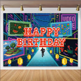 Lofaris Toile de fond joyeux anniversaire thème jeu vidéo pixelisé avec pièces d'or et personnage, décor de fête numérique pour studio photo