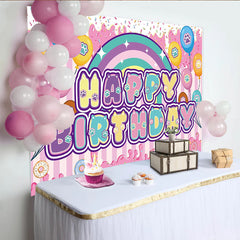 Lofaris Toile de fond joyeux anniversaire colorée avec pattes d'animaux et donuts, décor festif pour fête d'enfants et séance photo