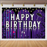 Lofaris Toile de fond pour anniversaire violette avec lumières et coupes de champagne, élégant décor de fête à rayures pour studio photo