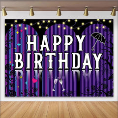 Lofaris Toile de fond pour anniversaire violette avec lumières et coupes de champagne, élégant décor de fête à rayures pour studio photo